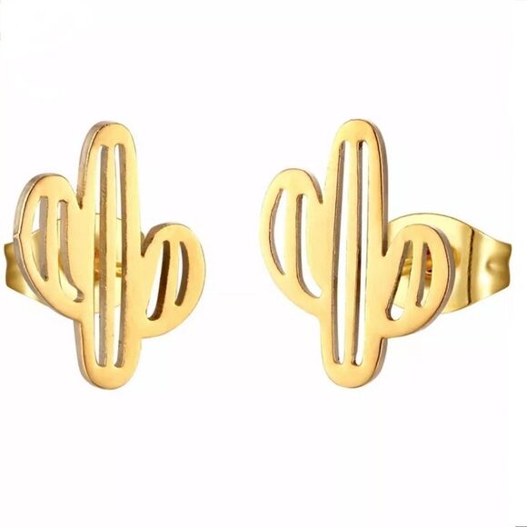Gold Cactus Stud Earrings - Picture 4 of 5
